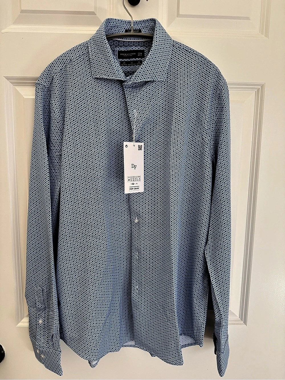 Denim & Flower Geometric Button Down Shirt in Blue & White Size Medium NWT
